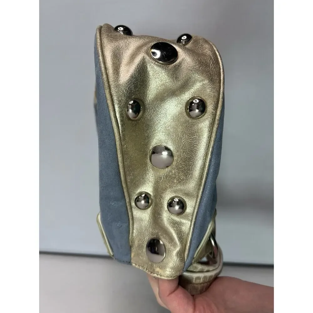 Kathy Van Zeeland Gold Blue Shimmer Distressed Purse Silver Studs Y2K